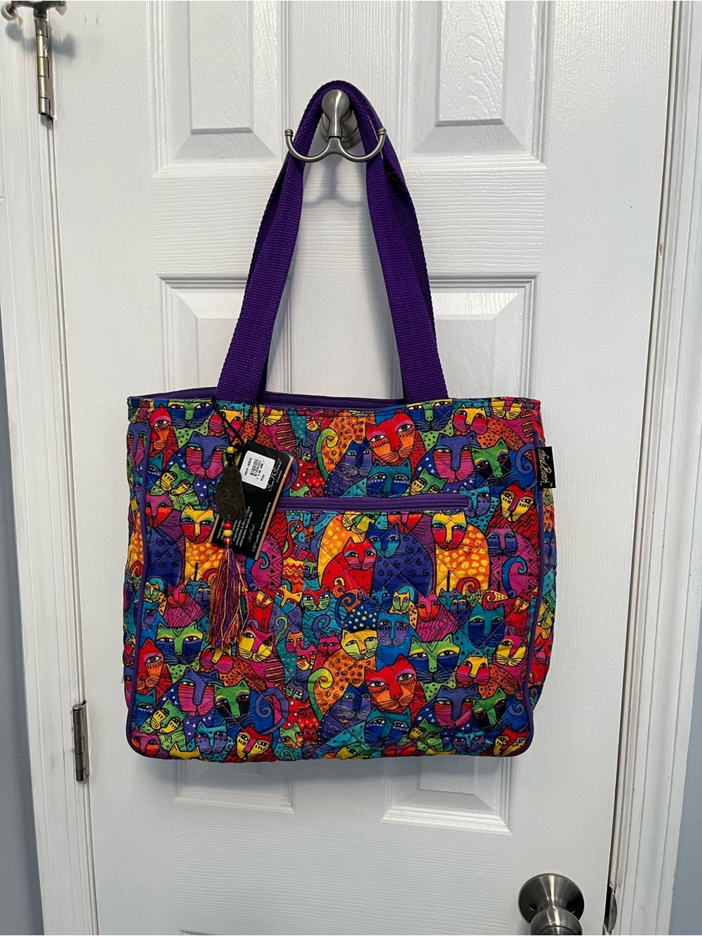 Laurel Burch Quilted Cat Pattern Zip Tote Bag Purple Bag Charm New Cotton